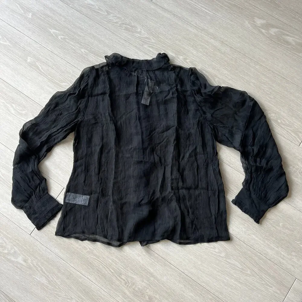 J Crew Ruffle Button Up Shirt In Crinkle Chiffon Womens Size 4 Sheer Black Flaws
